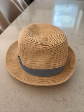 Infant Straw Fedora Hat in Tan with  blue Band